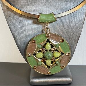 Gold Tone Chunk Statement Green Round Necklace